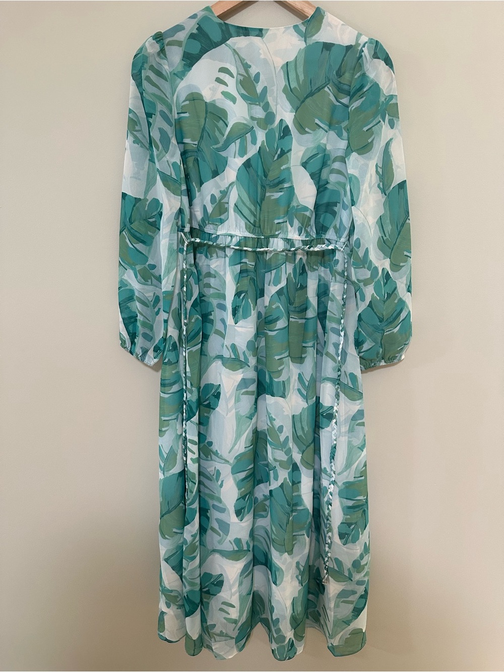 Soft Surroundings Teal and Green Leaf-Print Wrap Dress - Picture 9 of 9